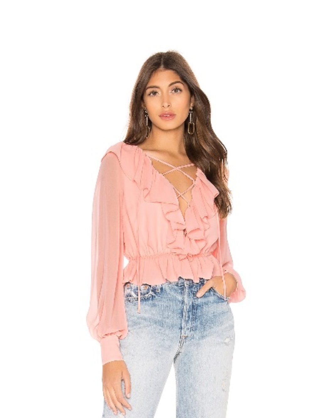 NBD Pink Ruffle Lace-Up Peasant Blouse